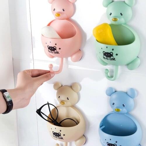 Punch-free Creative Cute Bear Pattern Wall-hanging Soap Rack with Hook Optimized Suction Cup Soap Box Bathroom Accessories