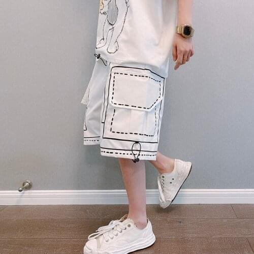 Summer Mens Loose Safari Style Knee Length Shorts Casual White Black Letters Print F26