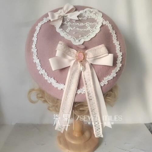 Lolita Handmade Berets Women Japanese Pink Sweet Bowknot Long Ribbon Lace Trim Letters Pearl Ornaments Dome Hat Girl Painter Hat