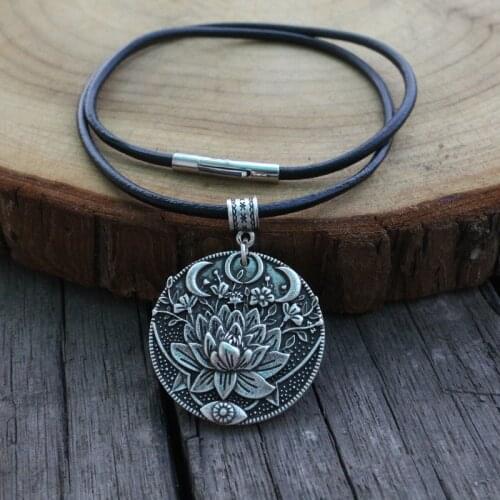 Mandala flower pendant necklace yoga jwelry with Genuine Leather Stainless Steel Clasp chain