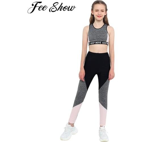 Newest Kids Girls Workout Running Sports Set Sportwear Round Neck Wide Shoulder Straps Tops Elastic Waistband Sport Pants Suit