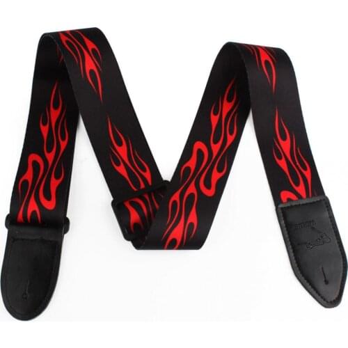 Jacquard Strap with Leather Ends Adjustable Buckle Electric Guitar Acoustic Strap Red Flame Print