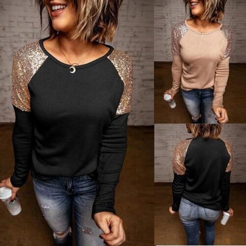 Women Long Sleeve T-shirt Top O-neck Stitching Deerskin Velvet Sequins Shirt Solid Color Daily Casual Ladies All-match T-shirt