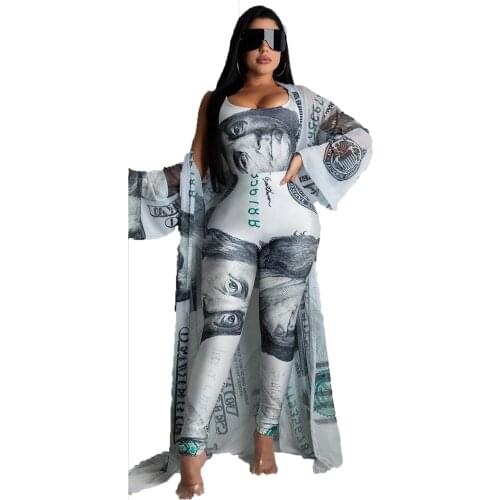 Sexy Lady Summer Women 3 Pieces Sets Tracksuits Bodysuits+Pants+Coat 3 Pcs Leggings Dollar Print Suit Fitness Outfit