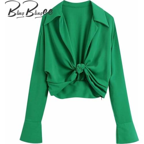 BlingBlingee Summer Women Green Cardigan Drop Shoulder Flare Sleeve Lace-up Front Twist Detail Female Crop Tops Casual Shirts