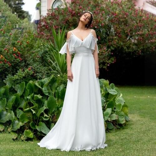 Boho Bridal Dress 2021 Sexy V Neck Spaghetti Straps Short Sleeve Chiffon A Line Beach Wedding Dresses Vestido De Novia