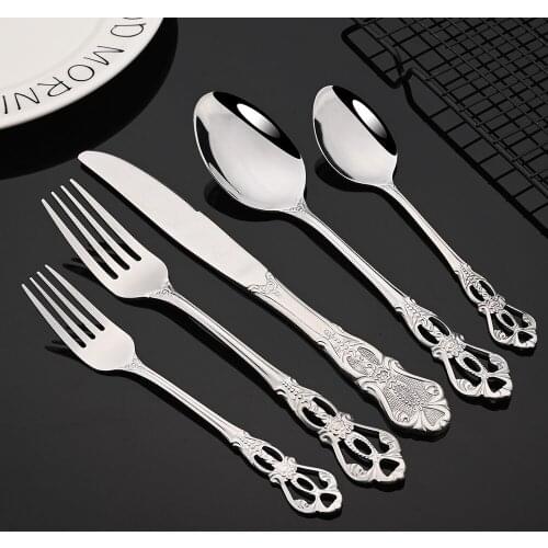 5Pcs Luxury Wedding Flatware Set Vintage Silver Tableware Dinnerware Stainless Steel Party Knife Fork Spoon Tea Fork Silverware