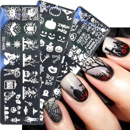 6Pcs Stamping Plates Set Halloween Nail Art Decorations Nail Templates Tool Pumpkin Ghost Horror Nail Sticker Nail Decals