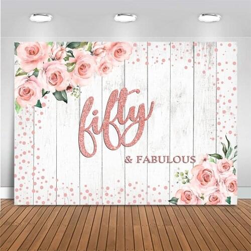 Mocsicka Wood Fifty & Fabulous Backdrop Girl 15th Birthday Party Photo Background Photo Studio Pink Flower Green Leaves Decor