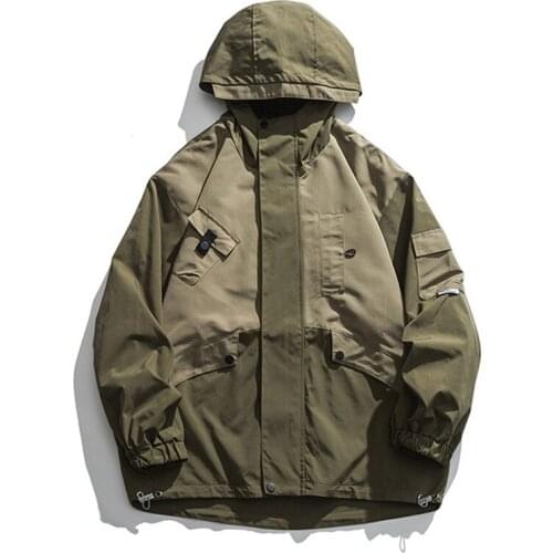 ERENEJIAN Mens Fashion Cargo Jacket Outerwear With Hood Loose Fit Tactical Coat Windbreaker Patchwork