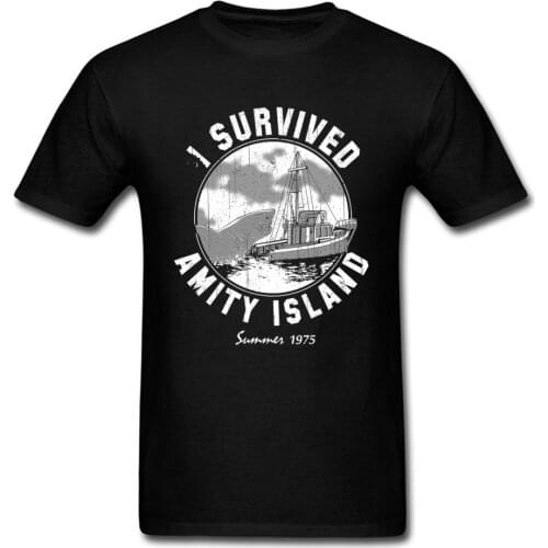 I Survived Amity Island T-shirt Men Jaws T Shirt Black Tshirt Summer Cotton Clothing Novel Tops Tees Shark Vintage Print