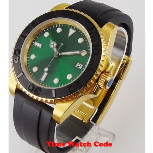 Golden 40mm Automatic Mens Wristwatch Miyota 8215 NH35 no logo date indicator green dial rubber strap luminous sapphire glass