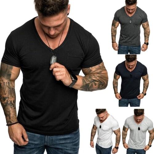 Mens T-Shirts summer 2020 Casual Men Solid Color Short Sleeve V Neck Slims Fit Fitness T-Shirt Blouse Top Casual Blouse