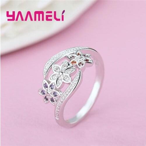 925 Sterling Silver Gift Jewelry for Women Girls Colorful Cubic Zircon Inlay Paved Flower Charms Rings Finger Accessories Bague