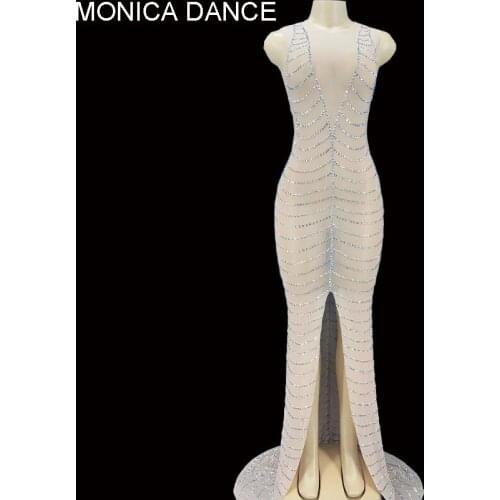 Sexy Stage See Through Mesh Silver Rhinestone Evening Celebrate Dress Transparent Dance Prom Outfit Birthday Long Tail Dress