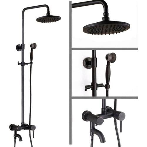 Black Oil Rubbed Brass Single Handle Bathroom 8 Inch Round Rain Shower Faucet Set Bath Tub Mixer Tap Hand Shower mrs362