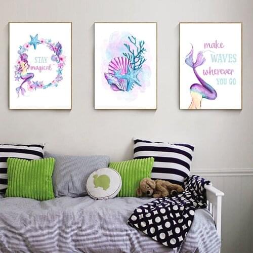 Modern Cartoon Lovely Canvas Painting Art Print Pink Mermaid Poster Wall Living Room Girl Bedroom Nordic Home Decoration Picture