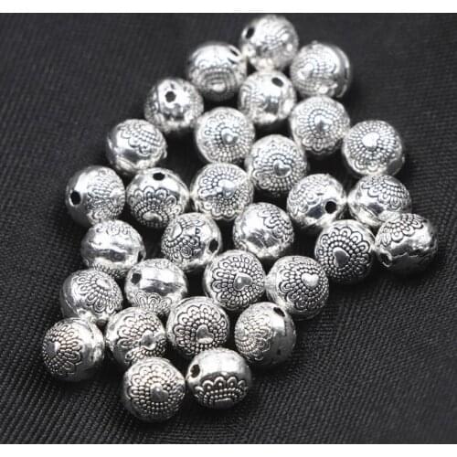 Tibetan Silver Color 30PCS Round Loose Beads Accessories Metal Carved Heart Spacer Beads for DIY Bracelet Necklace Findings A871