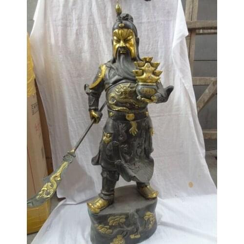 USPS to USA S1337 32" Chinese Bronze Gilt Dragon Head Warrior YuanBao GuanGong GuanYu God Statue