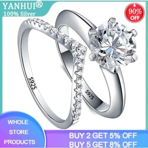 YANHUI 100% Authentic 925 Sterling Silver Ring With Natural Zirconia Diamond Wedding Band Stacked Ring Women Trendy Jewelry