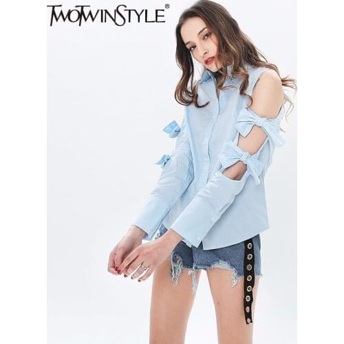 TWOTWINSTYLE Hollow Out Bowknot Womens Shirt Sexy Off Shoulder Solid Blouse Female Tops Casual Clothes 2020 Fashion Autumn Tide