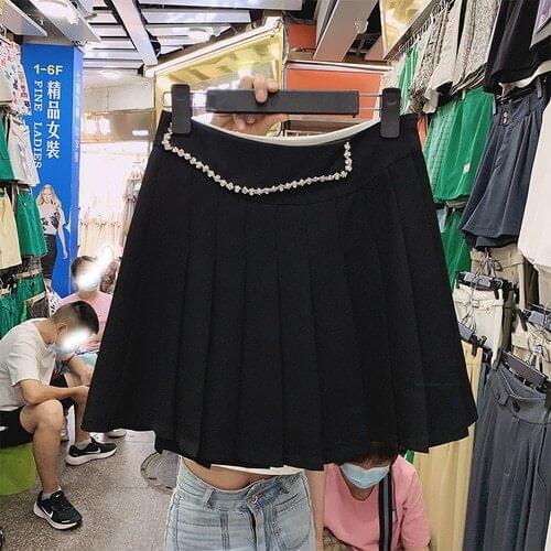 Womens Skirt 2021 Summer New Exquisite Rhinestone High Waist Pleated Skirts All-Matching Faldas Jupe Femme Green White Black