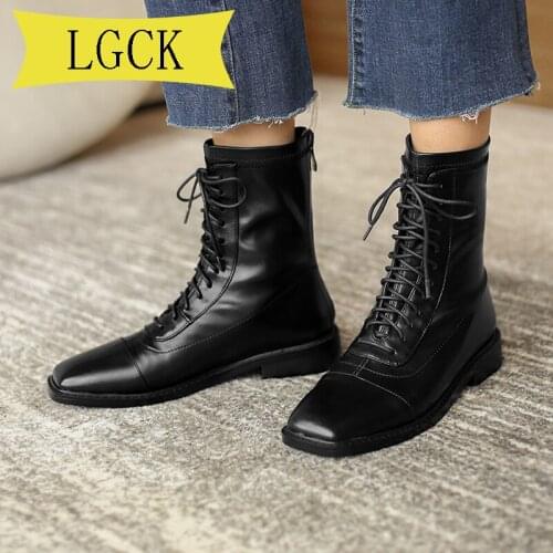 Plus Size 34-43 Women Shoes Genuine Leather Female Short Boots Winter Warm Boots Square Heel Footwear Non-slip Girl Martin Boots
