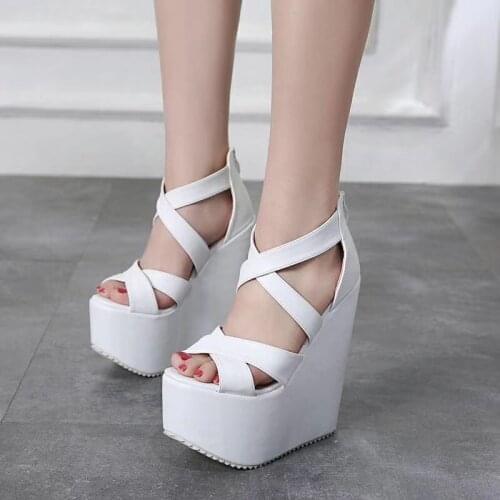 17cm High Heels Platform Wedges Shoes Black High Heels With Cross Straps Ladies Platform Shoes Ultra Heels Chunky Heel Shoes
