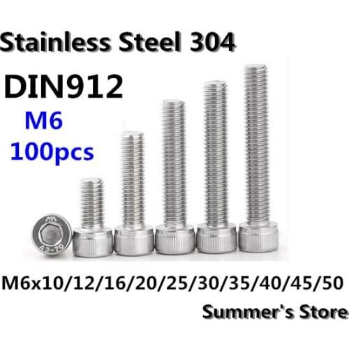 100pcs/lot DIN912 Hex Socket Head Cap Screw M6 Stainless Steel screw M6*10/12/16/20/25/30/35/40/45/50mm bolts