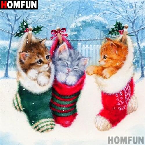 HOMFUN Full Drill Diamond Painting "Christmas cat" DIY Picture Of Rhinestone 5D Diamond Embroidery Cross Stitch Decor A30191