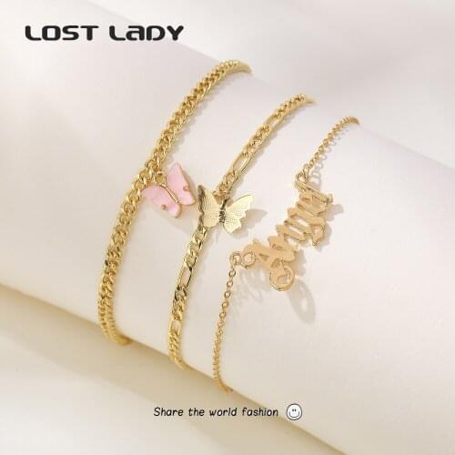 Lost Lady 3Pcs/Set Fashion Foot Bracelet for Women Cute Bohemian Butterfly Pendants Buckle Bracelet Set Jewelry Party Gift