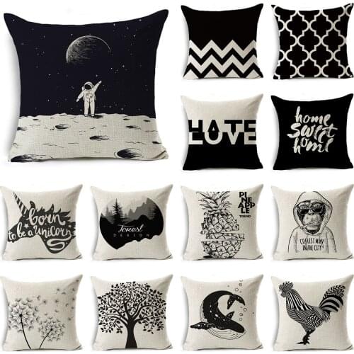 WZH Black White Linen Cushion Cover 45x45cm Linen Decorative Pillow Cover Sofa Bed Pillow Case