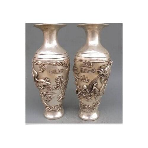 Decoration bronze factory outlets Tibet Silver Old China silver auspicious Dragon Phoenix bird Statue Bottle Pot Vase Jar Pair