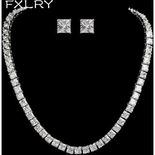 FXLRY Elegant White Color AAA+ Cubic Zircon Clear Square Choker Necklaces Earring For Wedding Bride Jewelry Sets