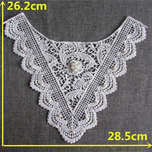 HOT Beads 3D white cotton embroidery flower lace collar Fabric Sewing Applique DIY ribbon trim neckline guipure wedding decor