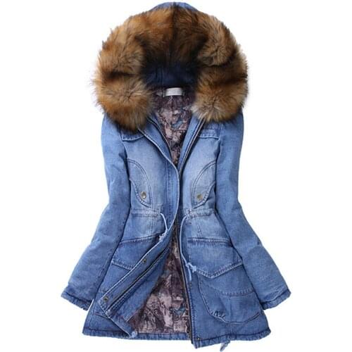 Fur Collar Cotton Jacket Womens Denim Jacket Winter Jeans Coat Korean Mid-length Thick Harajuku Streetwear Female Cotton Jacket
