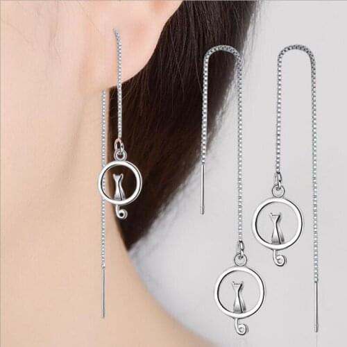 KOFSAC New Fashion 925 Silver Earrings For Women Sweet Cute Moon Cat Eardrop Earring Long Ear Line Jewelry Valentines Day Gifts