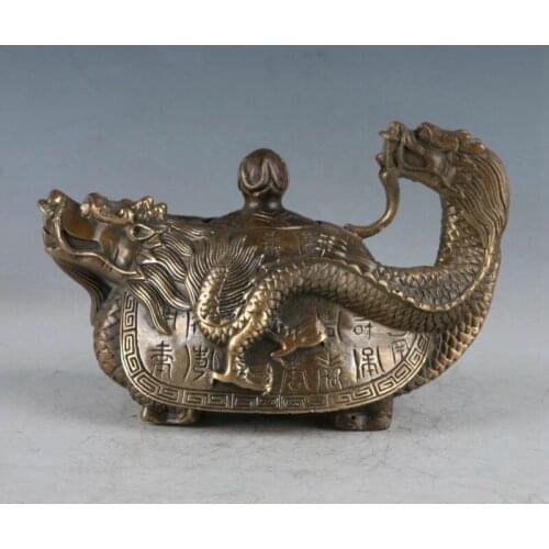 COLLECTIBLE CHINESE OLD RARE BRASS DRAGON TURTLE TEAPOT MADE DURING