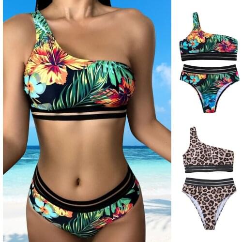 One Shoulder Ruffled Bikini Set 2021 Sexy Flounce Biquini Swimwear Women Two Pieces Swimsuit Floral Women Beachwear Bathing Suit