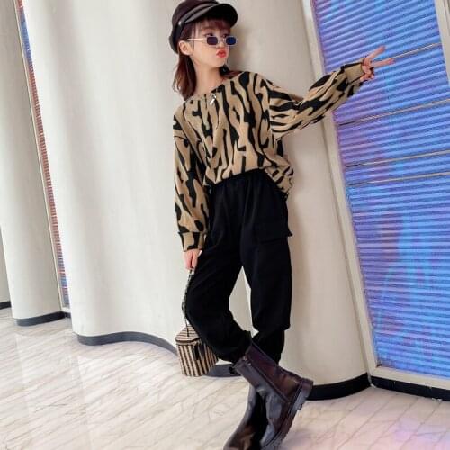 Roupas Infantis 2021 Fall New Girl Boutique Christmas Clothes Suit Korean Leopard Print Long Sleeve + Cargo Pants Two-piece Suit