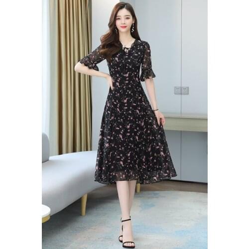 2021Korea Chic Elegant sweet Temperament V-Neck Full-Screen Small Floral Lace-Up Waist Slimming Puff Sleeve Dress