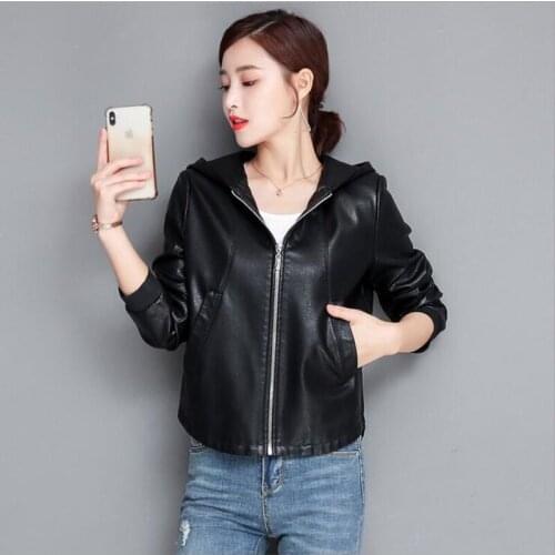 Spring New Women Natural Leather Jacket Motorcycle Biker Black Hooded Coats Lady Korean Fashion Casual Slim Zipper Outerwear