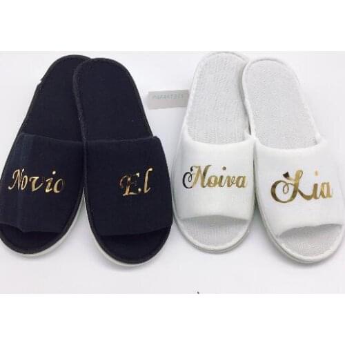 New customize language gold novio novia spanish Wedding Slippers Bride Slippers Groom Slippers custom Print shoes Black slippers