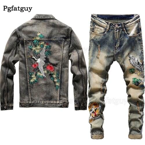 New Men Vintage Sets Embroidered Red Crowned Crane Hole Distressed Jackets + Embroidered Tiger Jeans Mens Clothing 2 Piece Set