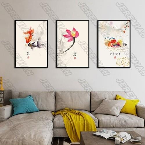 Pairs of Mandarin Duck Goldfish Lotus Poster Nordic Style Wall Art Canvas Print Painting Modern Home Decor