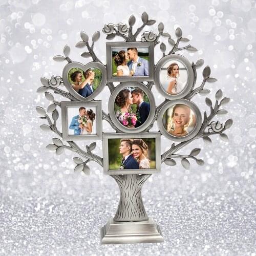 LASODY Antique Silver Family Tree with 7 Picture Frames Metal Table Top Photo Frame Decoration Mother Days Christmas Gifts