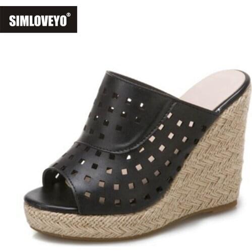 SIMLOVEYO New 2021 Women Sandals Open Toe 11cm Wedge Heels Slip-On Hollw Out Soft Stylish Big Size 34-50 Casual Date A3909