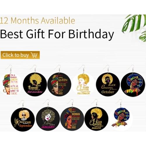 SOMESOOR 12 Months Birth Printed Wooden Drop Earrings Black Queen Afro Natural Hair Design Loops Dangle For Women Gifts 12pairs