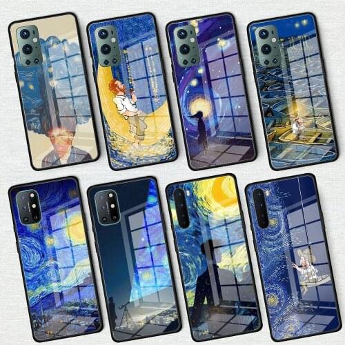Glass Phone Bag For Oneplus 8T 9Pro 8Pro 7Pro Nord 5G 7T 7 8 9 Pro 9R Z 5G Soft Edge Phone Paintings Starry Night Van Gogh Chic