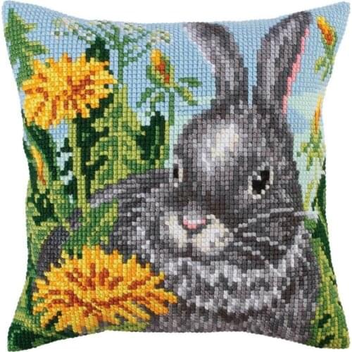 Cross Stitch Cushion Front Rabbit with Flowers Needlepoint Kit Printed Canvas Chunky Yarn Cross-stitch Pillow Case Arts & Crafts